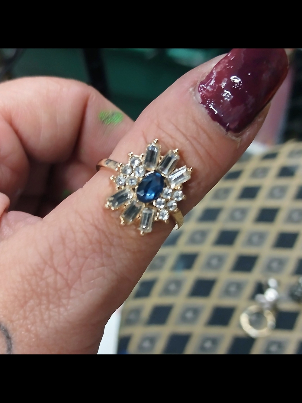 Gold Ring with Blue Center Gem and Clear Accent Stones - Women Jewelry